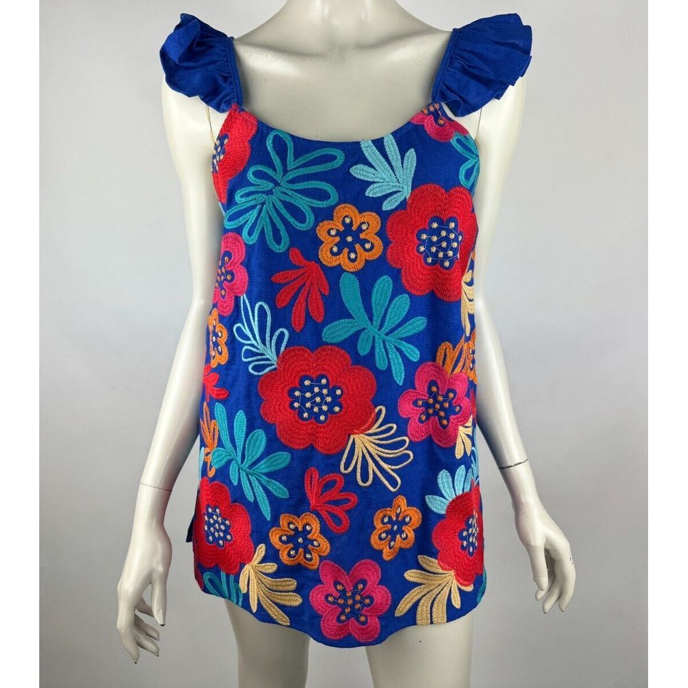 Andree Floral Embroidered Cotton Linen Tank Top Women L NWT Ruffle Sleeve Blue